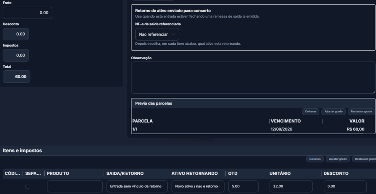Itens e impostos de entrada de compra no ImperiumERP