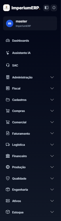 Menu lateral do ImperiumERP com módulos do sistema