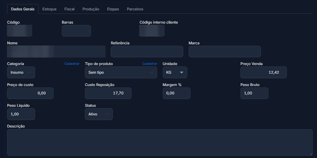 Cadastro de produto no ImperiumERP